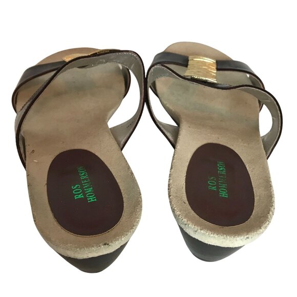 Ros Hommerson Brown Leather & Gold Wedge Slide Sandals Womens 11M - Picture 4 of 10